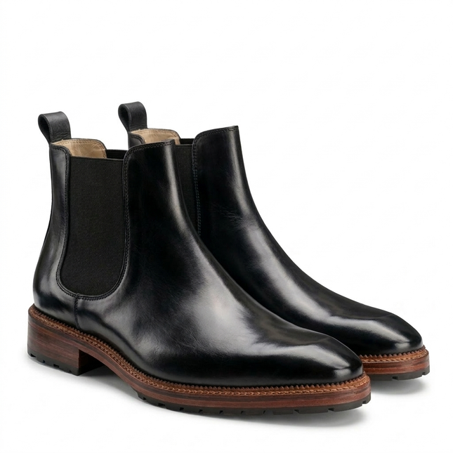 S&B Italian Burnished Brown Leather  Chelsea Boot-Black