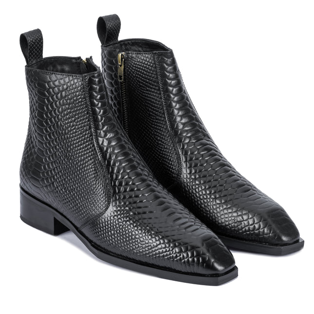 S&B Croco square-Toe Cuban Chelsea - Black