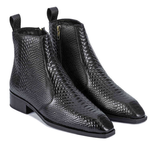 S&B Croco square-Toe Cuban Chelsea - Black
