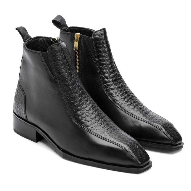 S&B Croco Strip Square-Toe Chelsea - Black