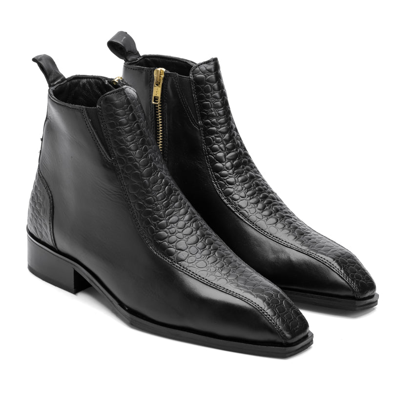 S&B Croco Strip Square-Toe Chelsea - Black