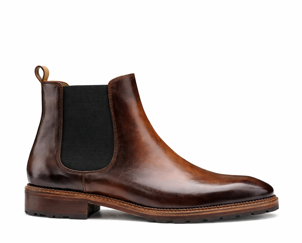 S&B Italian Burnished Brown Leather Chelsea Boot-Tan