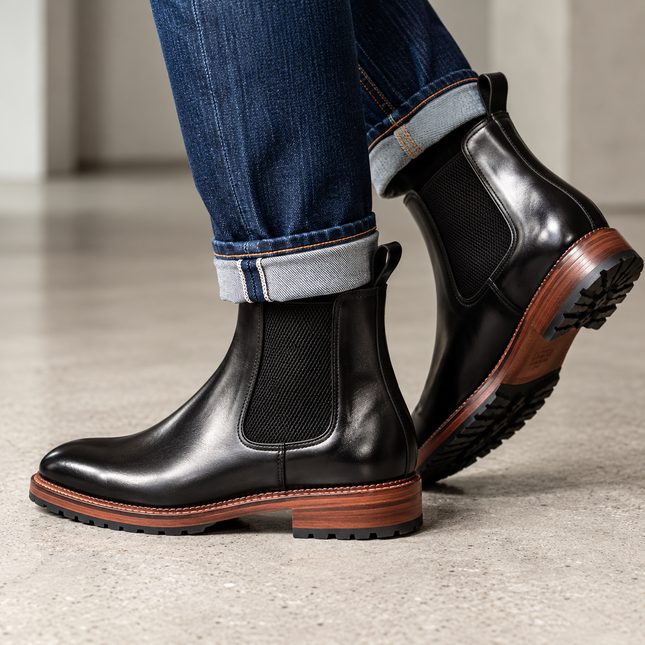 S&B Italian Burnished Brown Leather  Chelsea Boot-Black