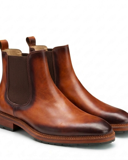S&B Italian Burnished Brown Leather Chelsea Boot-Tan