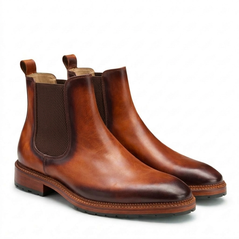 S&B Italian Burnished Brown Leather Chelsea Boot-Tan