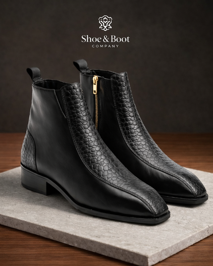 S&B Croco Strip Square-Toe Chelsea - Black