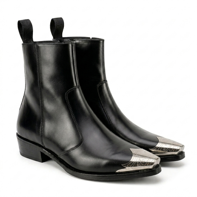 S&B Black Silver Toe Chelsea Boots