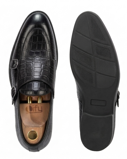 S&B Croco Monk Loafer - Black