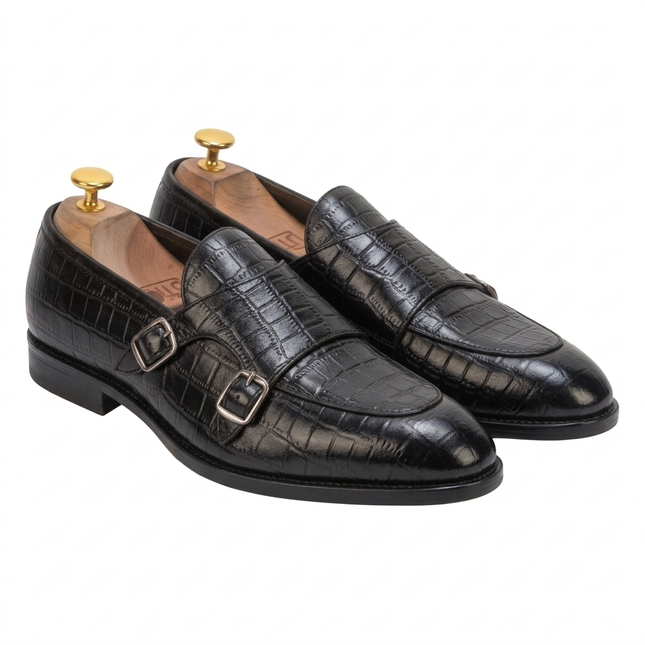 S&B Croco Monk Loafer - Black
