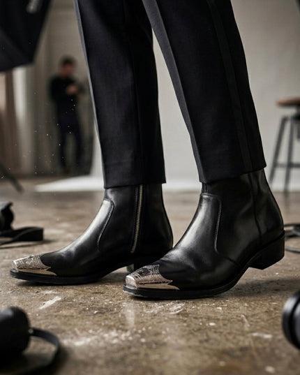 S&B Black Silver Toe Chelsea Boots