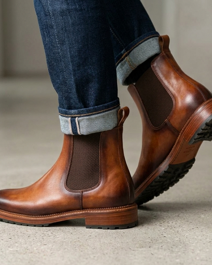 S&B Italian Burnished Brown Leather Chelsea Boot-Tan