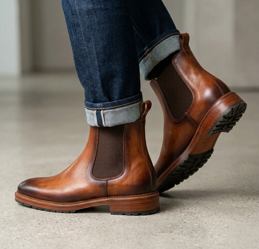 S&B Italian Burnished Brown Leather Chelsea Boot-Tan