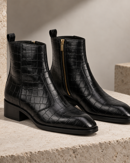 S&B Croco Square-Toe Chelsea – Black