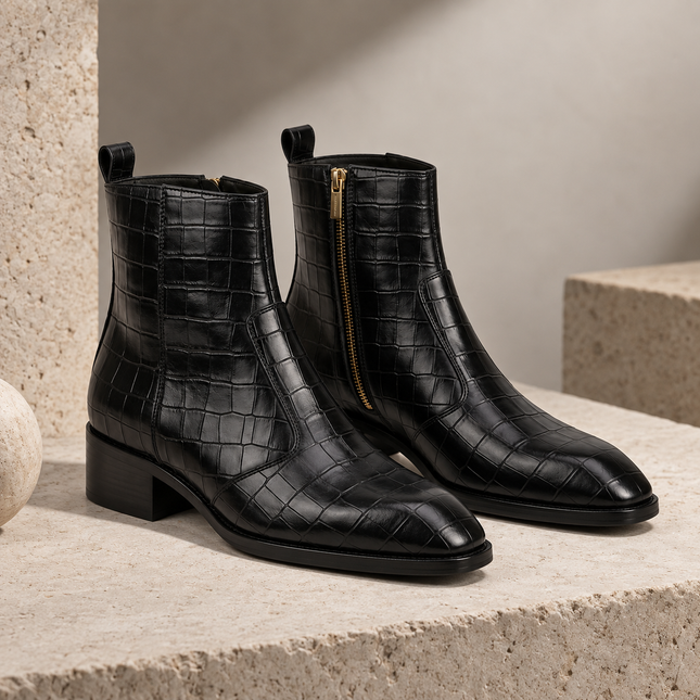 S&B Croco Square-Toe Chelsea – Black