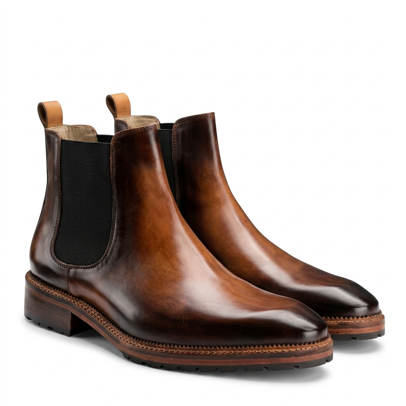 S&B Italian Burnished Brown Leather Chelsea Boot-Tan