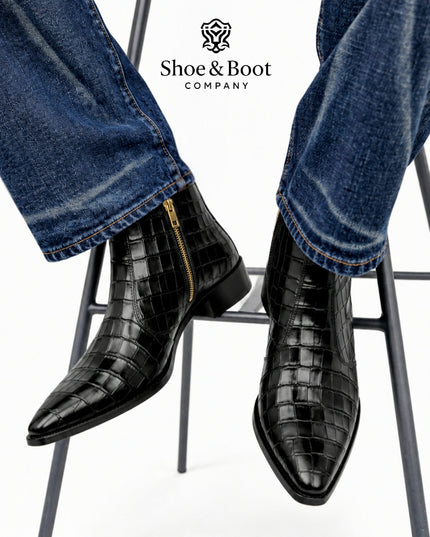 S&B Black Croco Cowboy Chelsea Boots