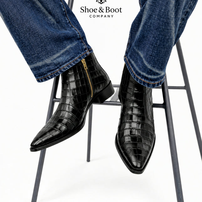 S&B Black Croco Cowboy Chelsea Boots
