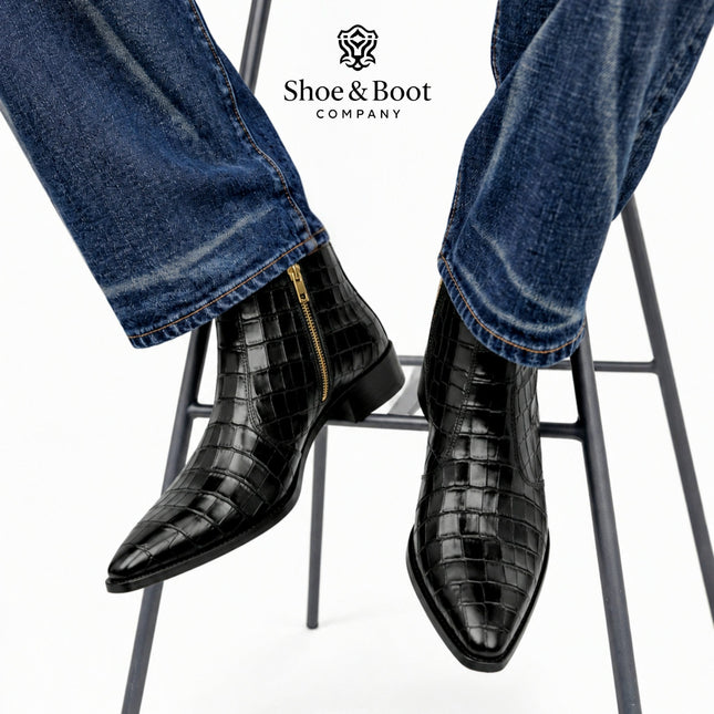 S&B Black Croco Cowboy Chelsea Boots