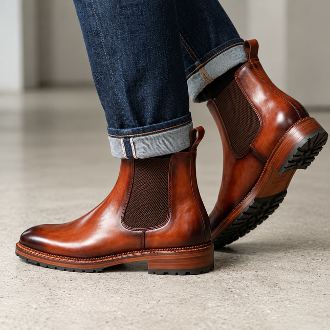 S&B Italian Burnished Brown Leather Chelsea Boot-Tan